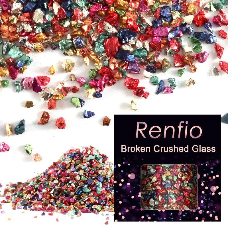 Renfio رينفيو كسر الزجاج المكسور بريق شظايا سحق 2-4 مم غير منتظمة صغيرة معدنية مكتنزة رقائق 3.5 أوقية (100 جرام) عالية اللمعان الحرفية الترتر الحصى لحالة الهاتف DIY الجيود الفن الوقايات زخرفة - ملونة - Image 3